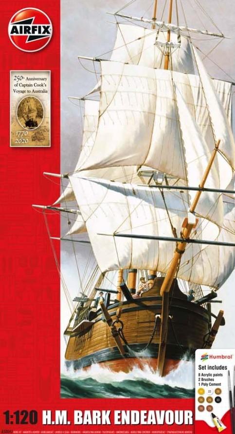 Airfix 1/120 HMS Bark Endeavour Sailing Ship & Captain Cook 250th Anniversary Gift Set w/Paint & Glue